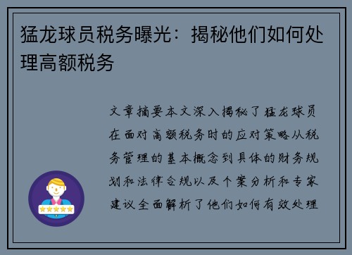 猛龙球员税务曝光：揭秘他们如何处理高额税务